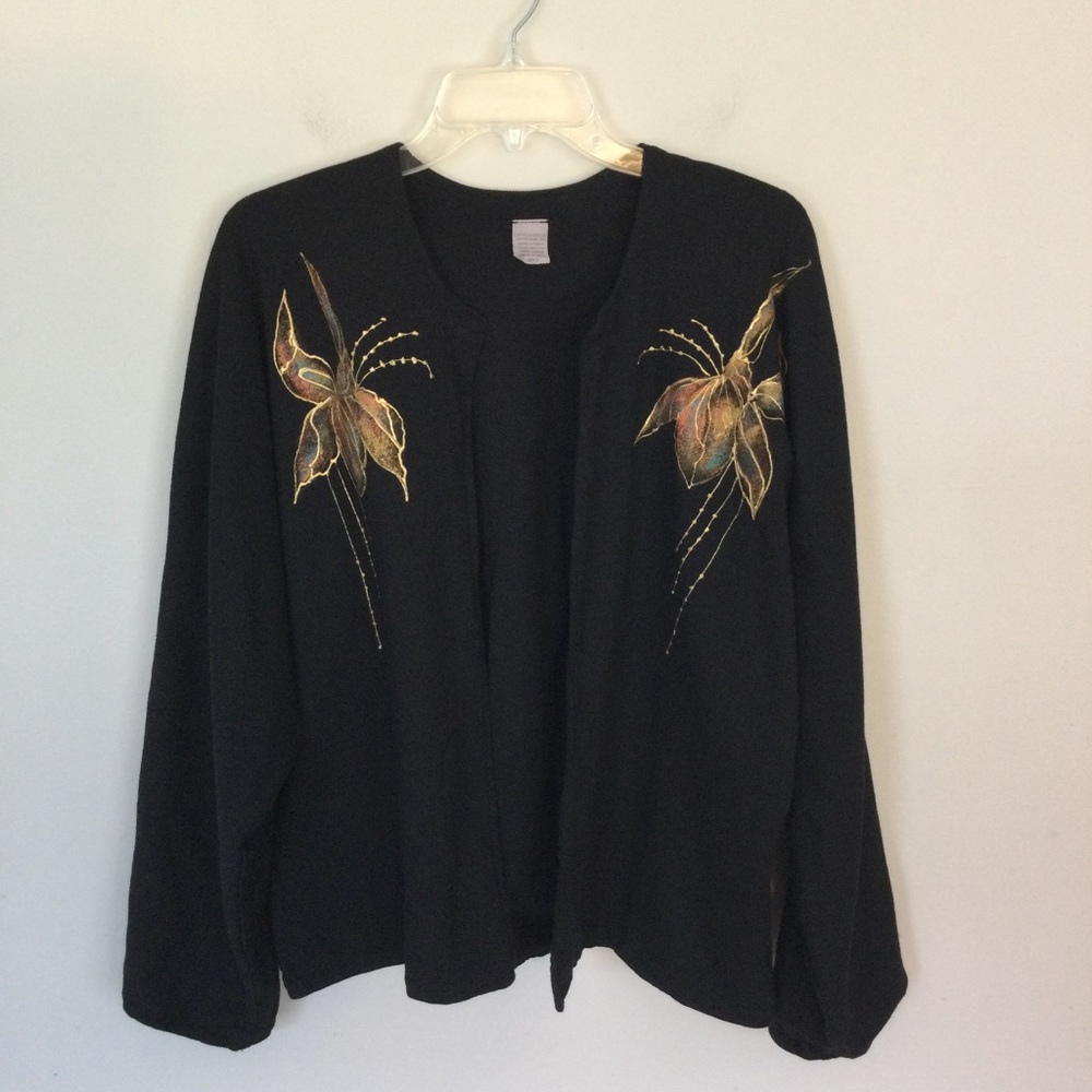 Size 20 Black Painted Floral Open 100% Cotton Jacket.